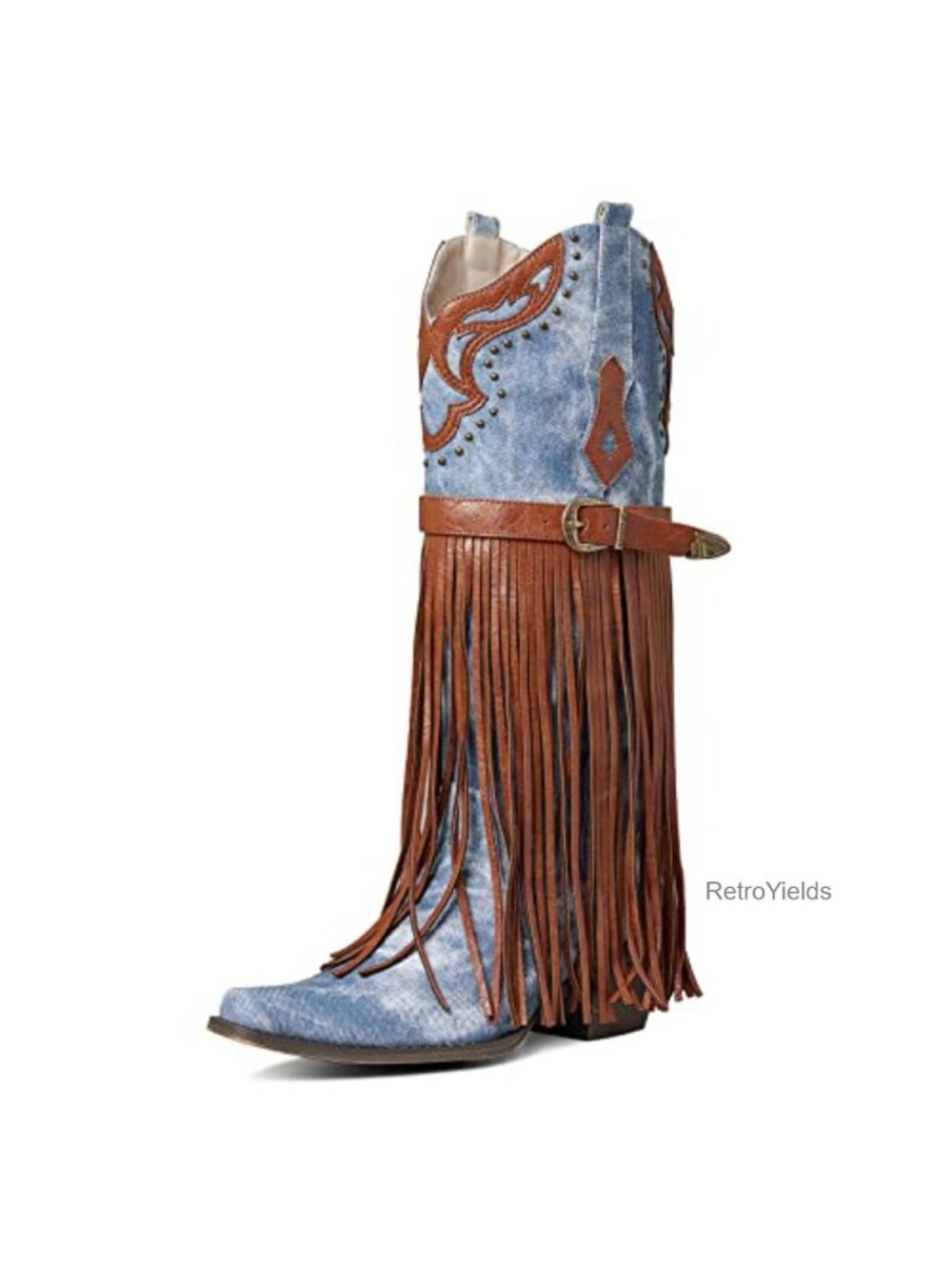 Western Bootie Pointed Toe Chunky Heel Fringe Pull-On Mid Calf Boots